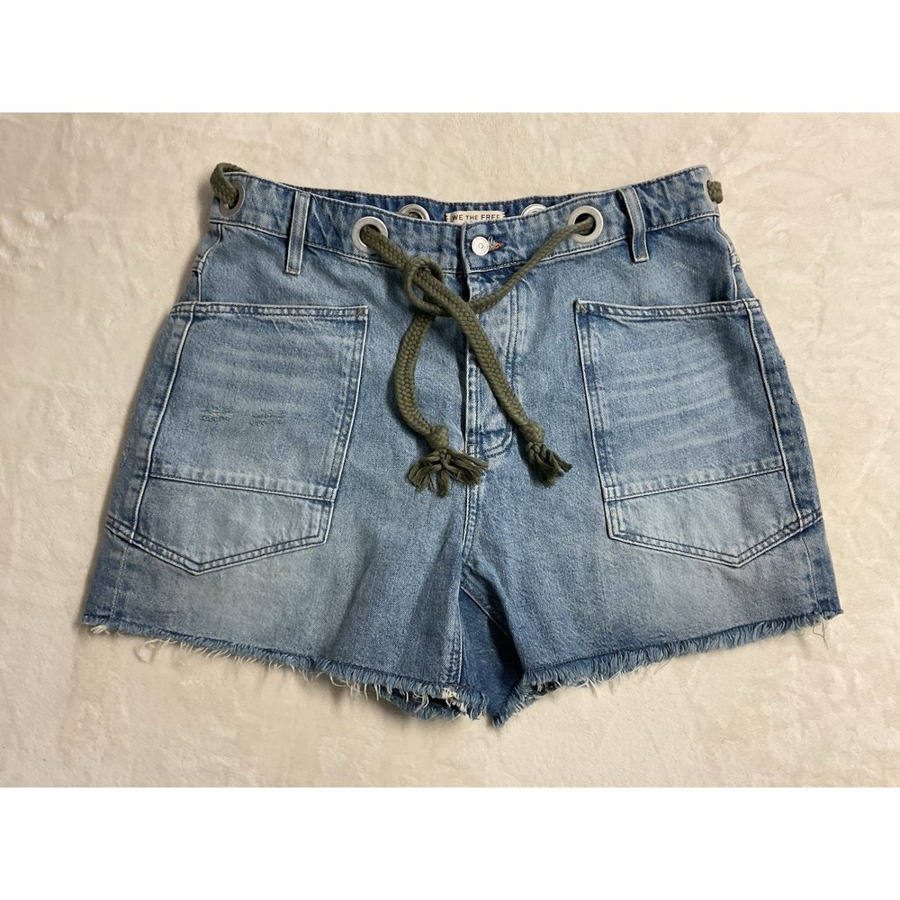 Free People We The Free Moxie Barrel Shorts Denim Jean 31 Boho Green Rope Cord